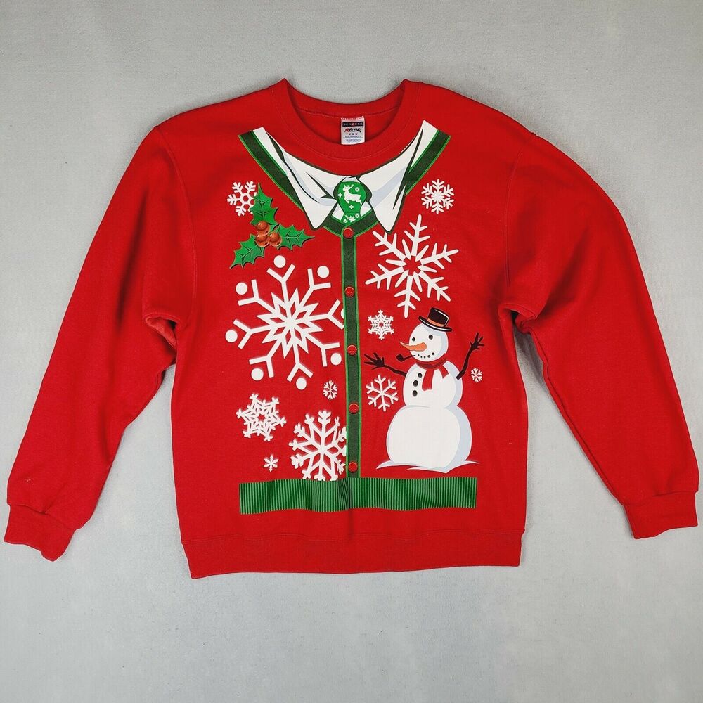 Ugly Christmas Sweatshirt Men's Medium Red Jerzees NuBlend Snowman Shirt